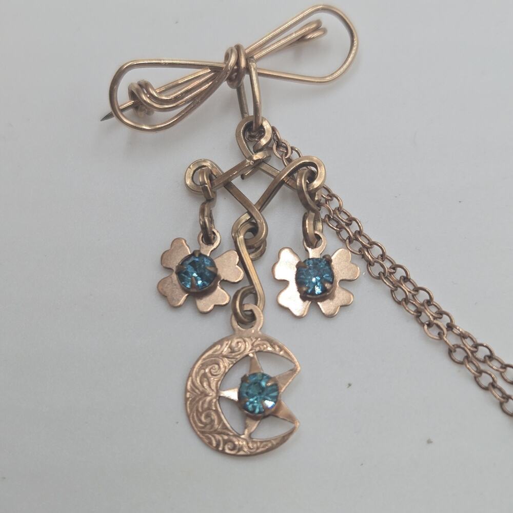 Victorian Antique Chain Brooch Gold Filled Moon Flowers Blue Topaz Glass Unique - Picture 2 of 8